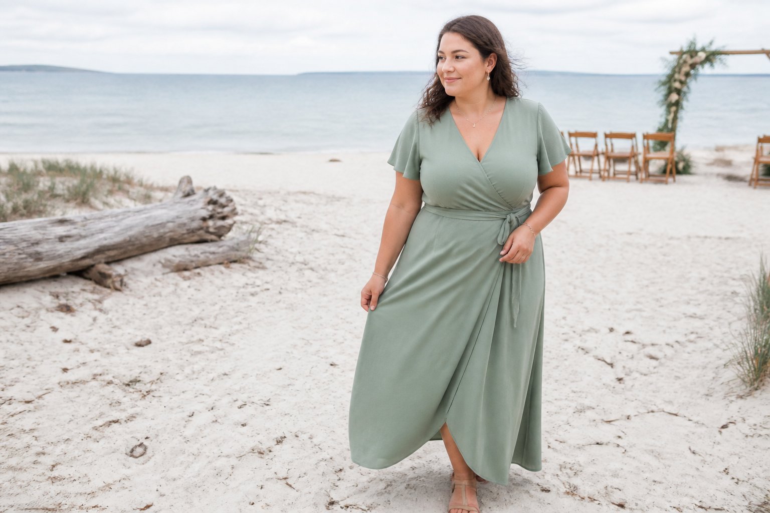 A plus-size woman wearing a short-sleeve wrap maxi dress stands near the ocean at a beach wedding setting.