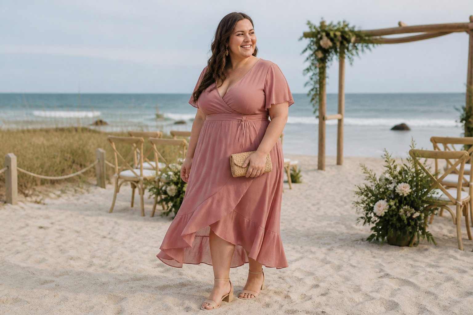 A plus-size woman in a ruffle-hem midi dress stands near a beach wedding setup with the ocean in the background.
