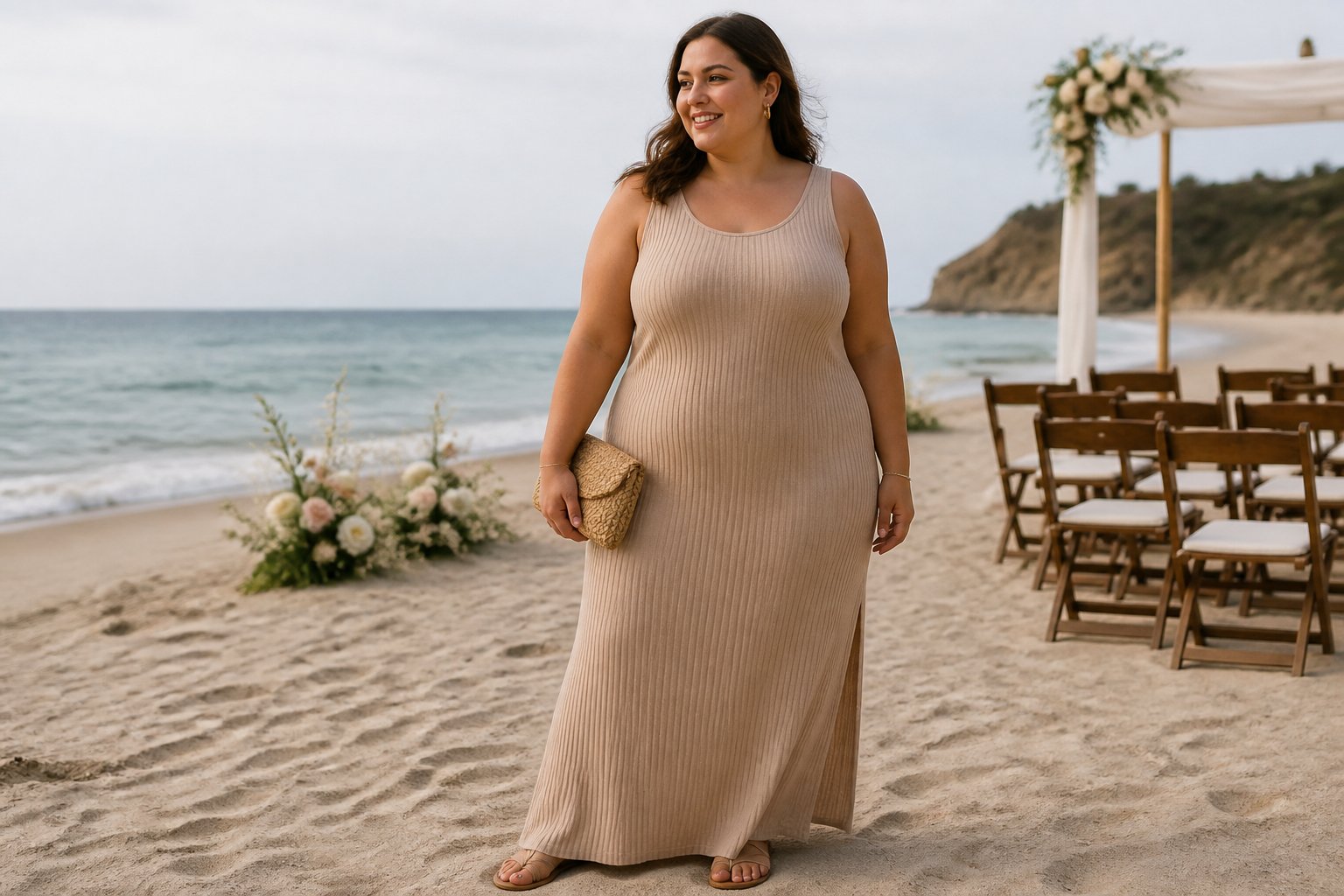 A plus-size woman wearing a wide-strap knit maxi dress stands near a beach wedding setting.