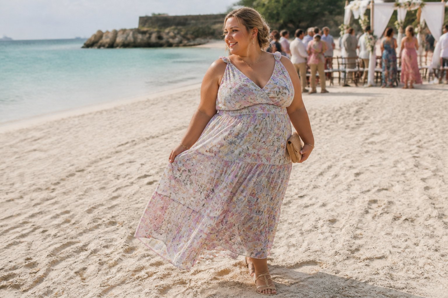 A plus-size woman in a pastel floral tiered dress stands near the ocean at a beach wedding.