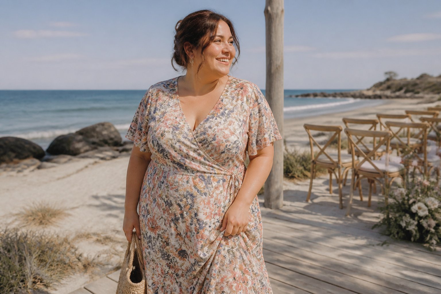 A plus-size woman wearing a printed V-neck dress stands near a beach wedding setting.