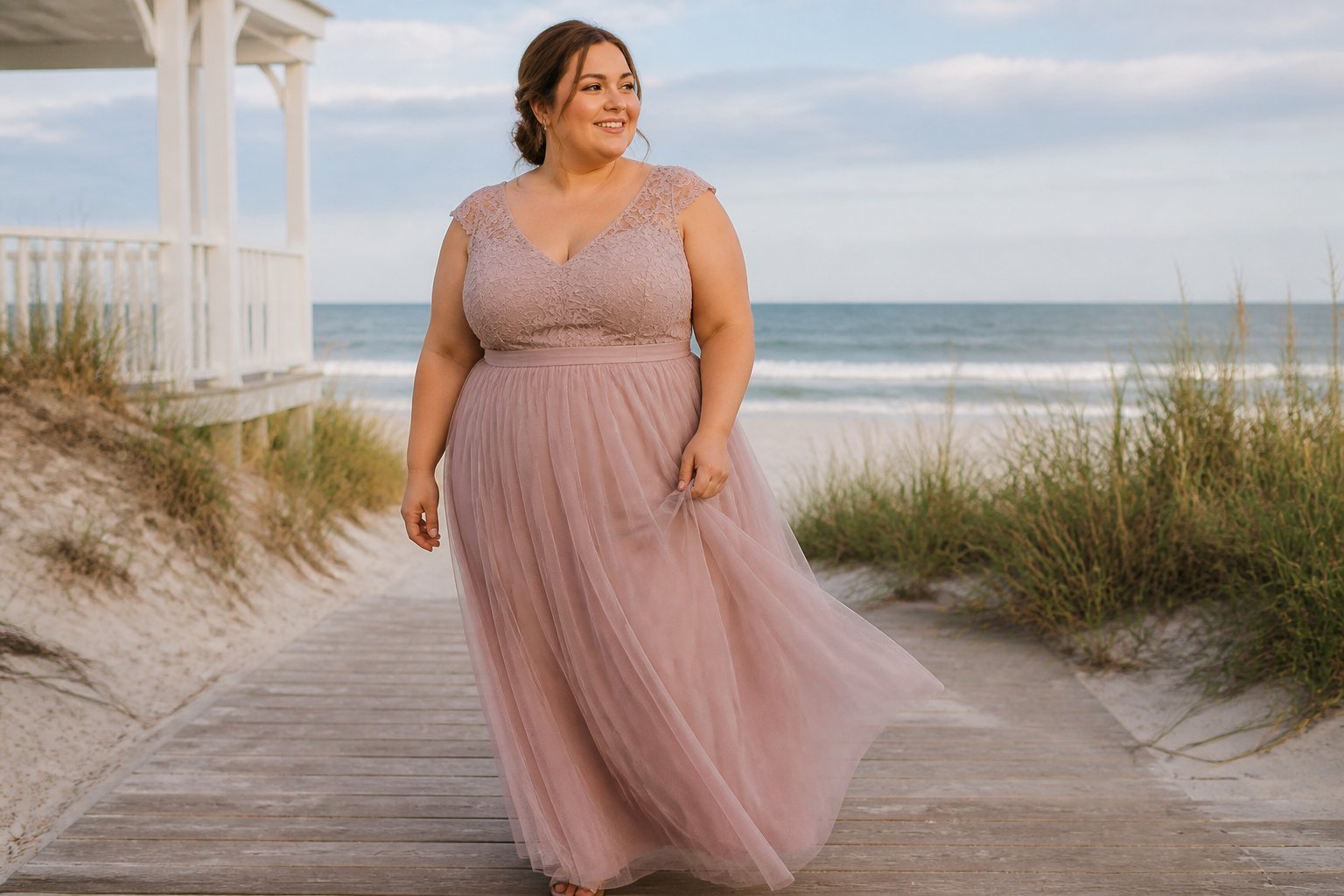 A plus-size woman in a lace-bodice tulle maxi dress standing near a beach with sand, grasses, and the ocean behind her.