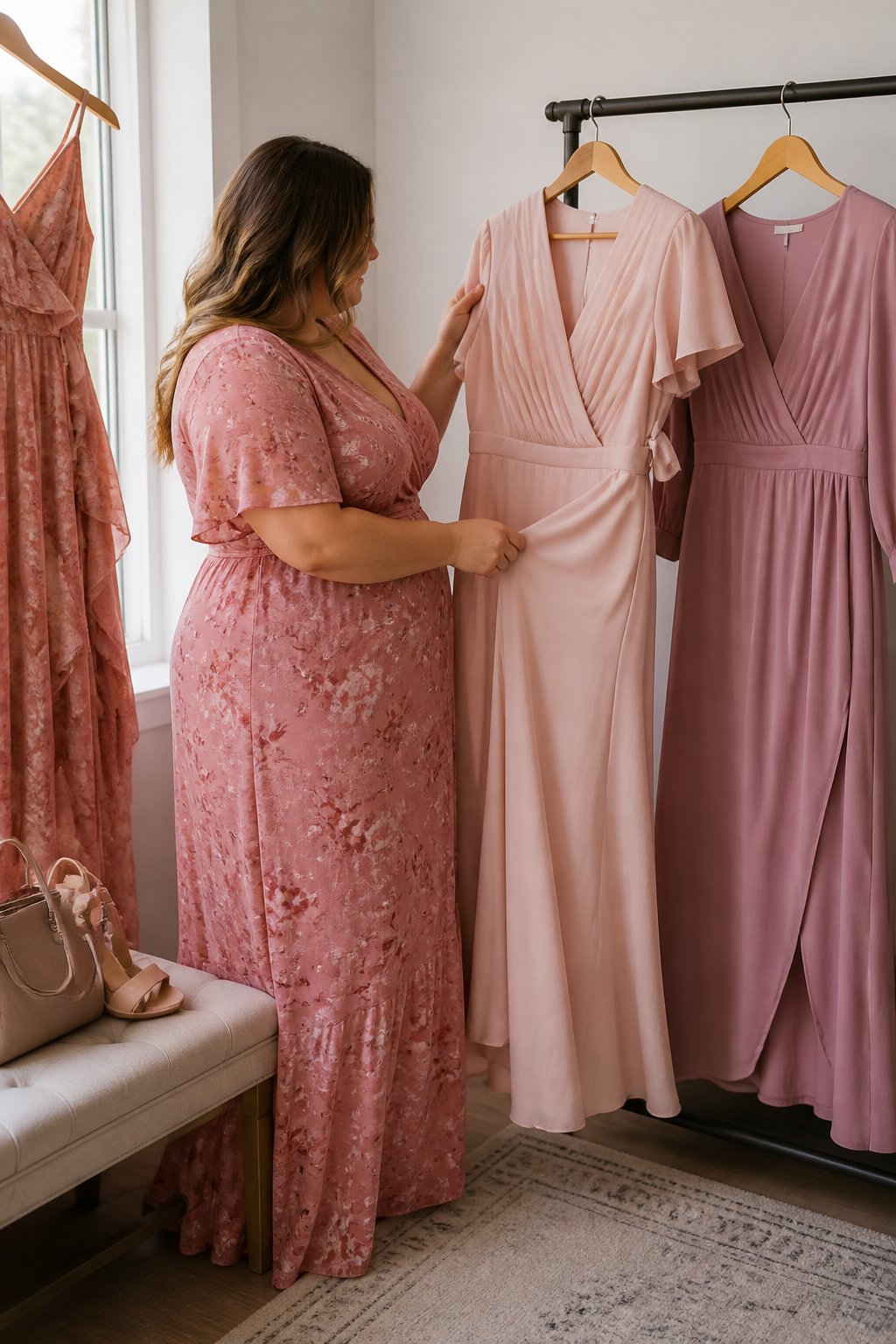 A plus-size woman browses several pink wedding guest dresses in a softly lit dressing-room setting.