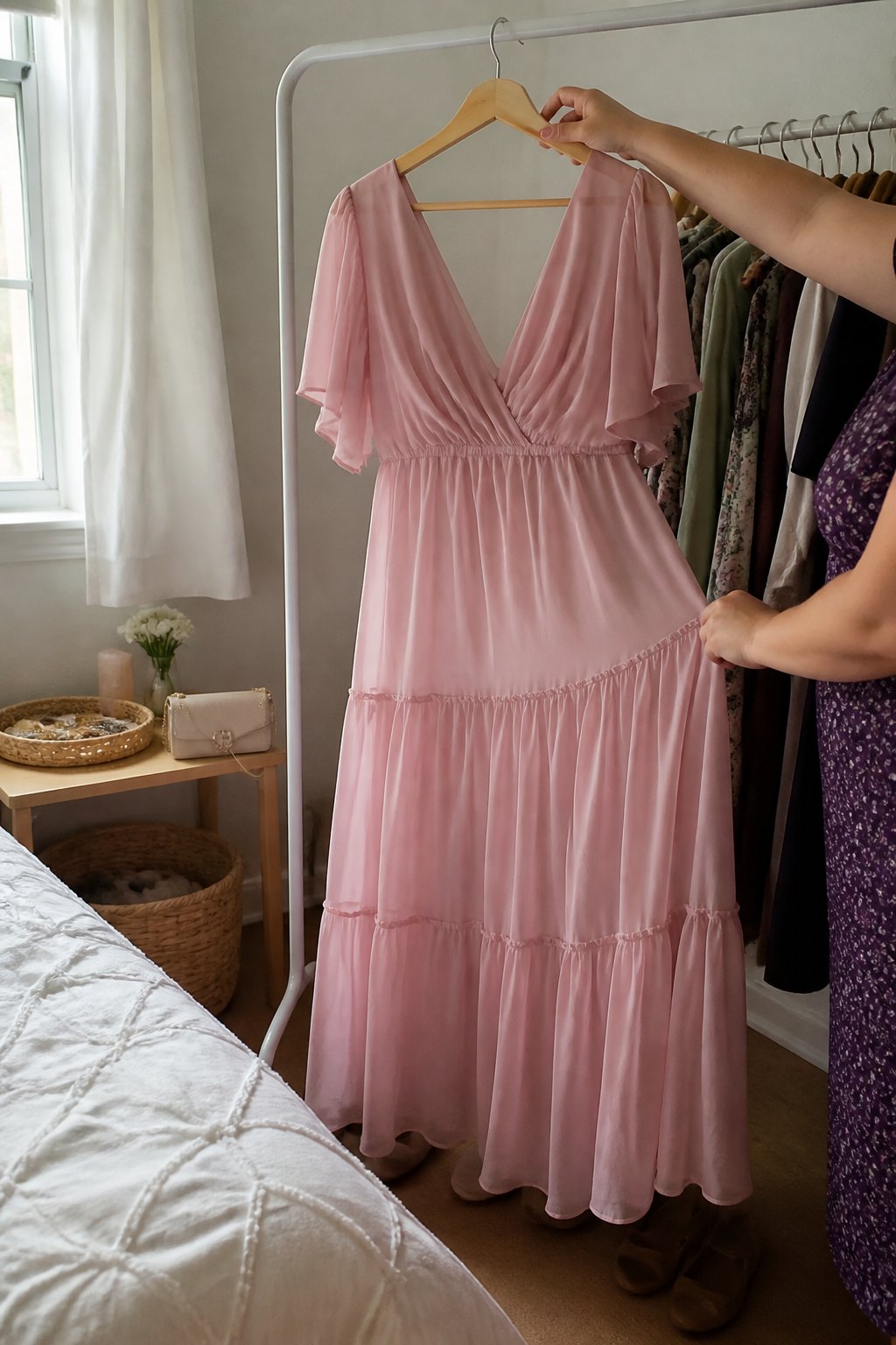 A blush pink tiered chiffon dress hangs on a clothing rack in a softly lit bedroom.