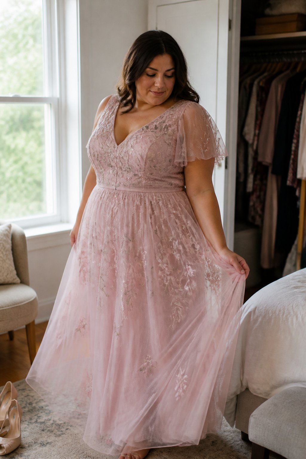 A plus-size woman wearing a pink embroidered tulle dress stands near a window in a softly lit room.