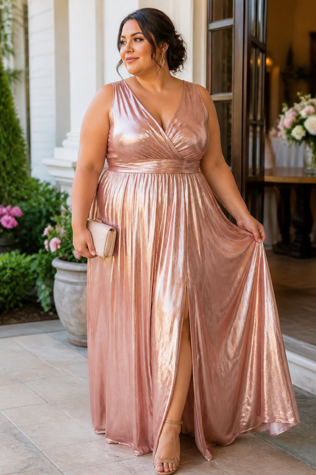 A plus-size woman wearing a rose-gold metallic maxi dress stands in a softly lit wedding venue.