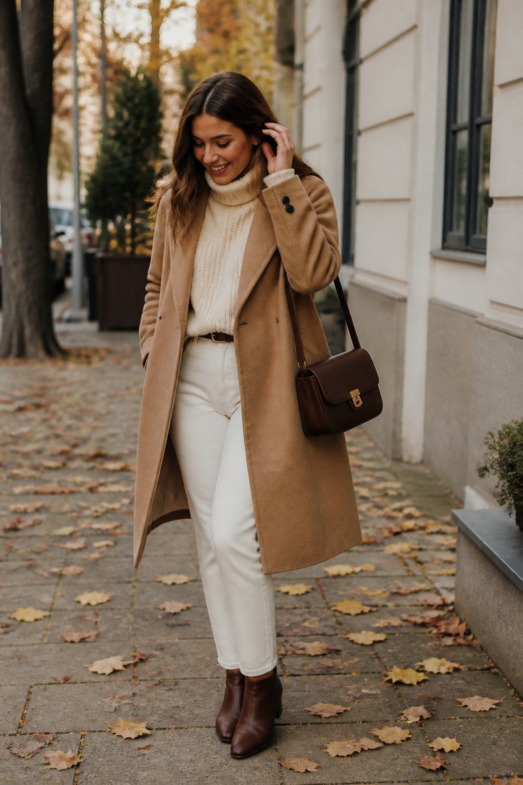 Two people wearing elegant autumn outfits stand casually near a sidewalk with fallen leaves.