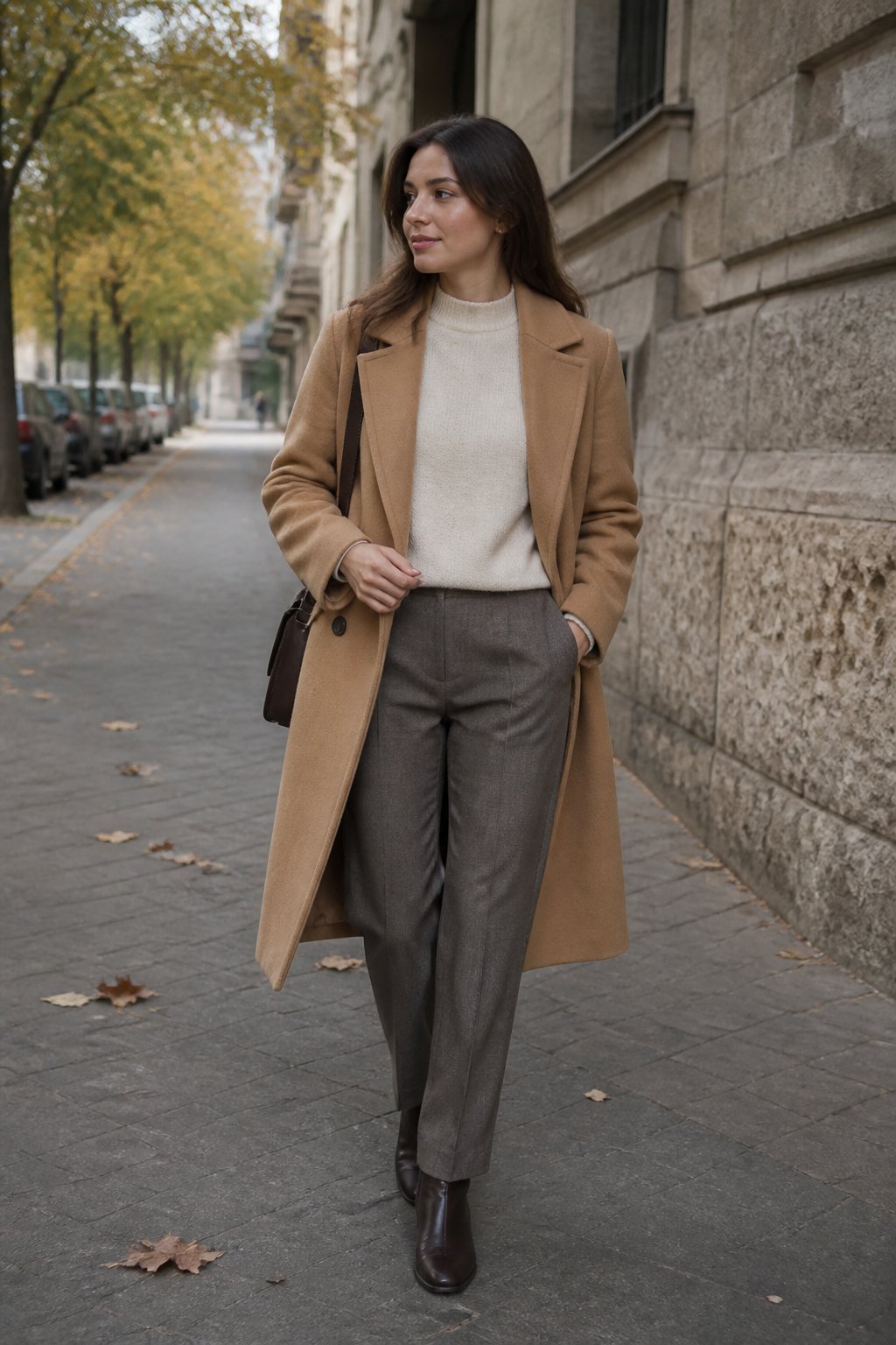 A person wearing a camel coat, cream sweater, and tailored trousers walks through an autumn street.