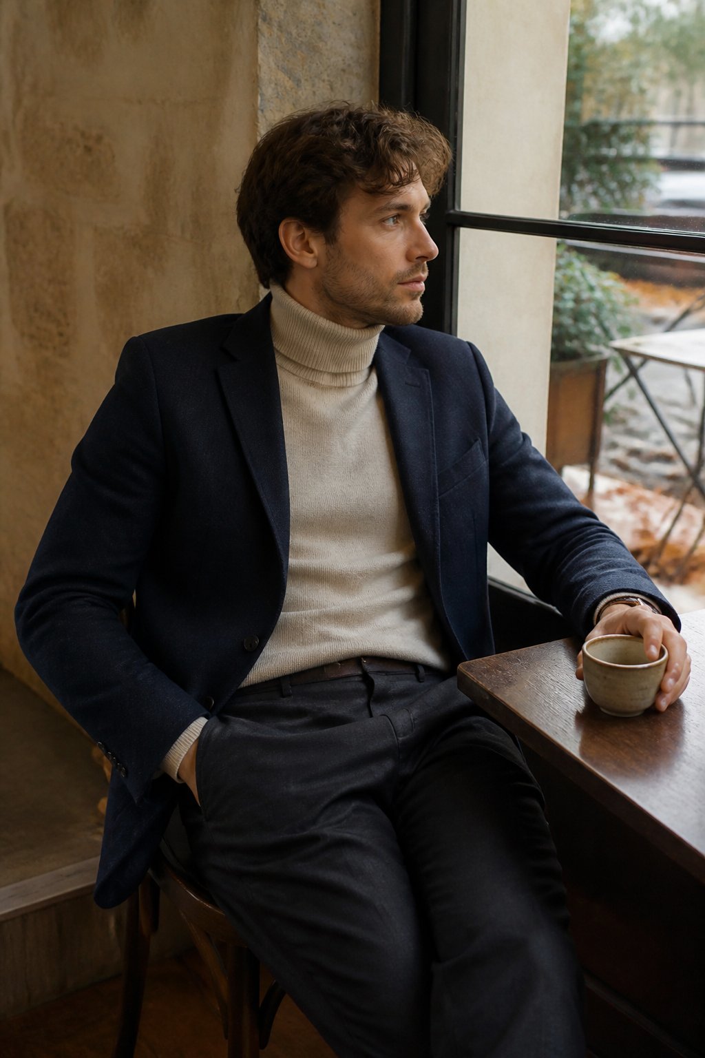 A person wearing a navy blazer over a light cashmere turtleneck in a softly lit autumn setting.