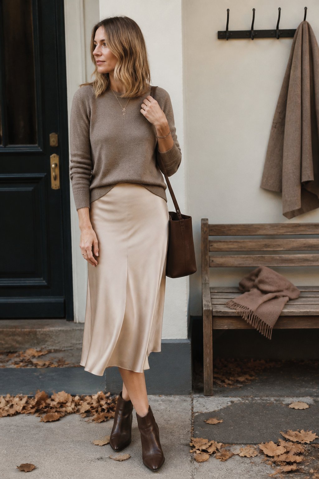 A woman wears a satin midi skirt, fitted knit sweater, and ankle boots in an autumn setting.