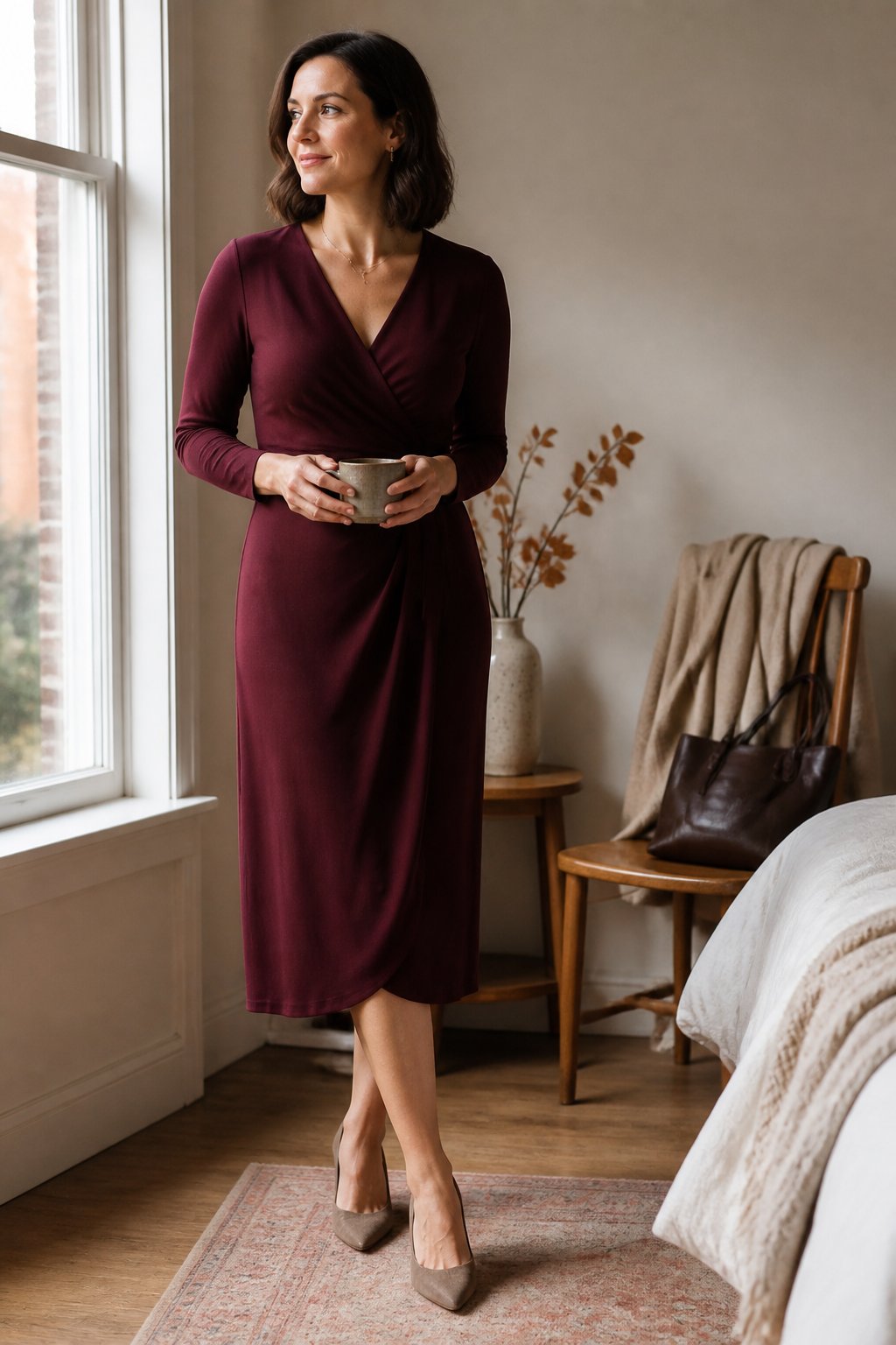 A woman wearing a burgundy wrap dress and suede pumps stands in a softly lit autumn home setting.