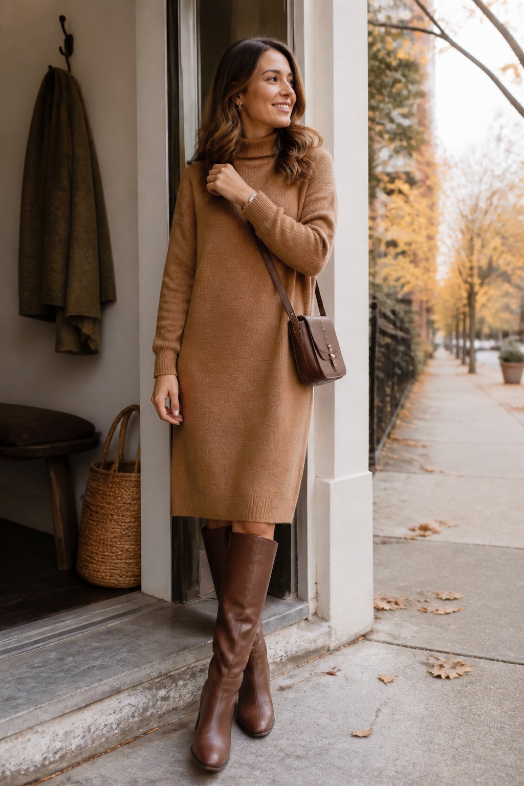 A woman wears a camel sweater dress with tall brown leather boots in a softly lit autumn setting.