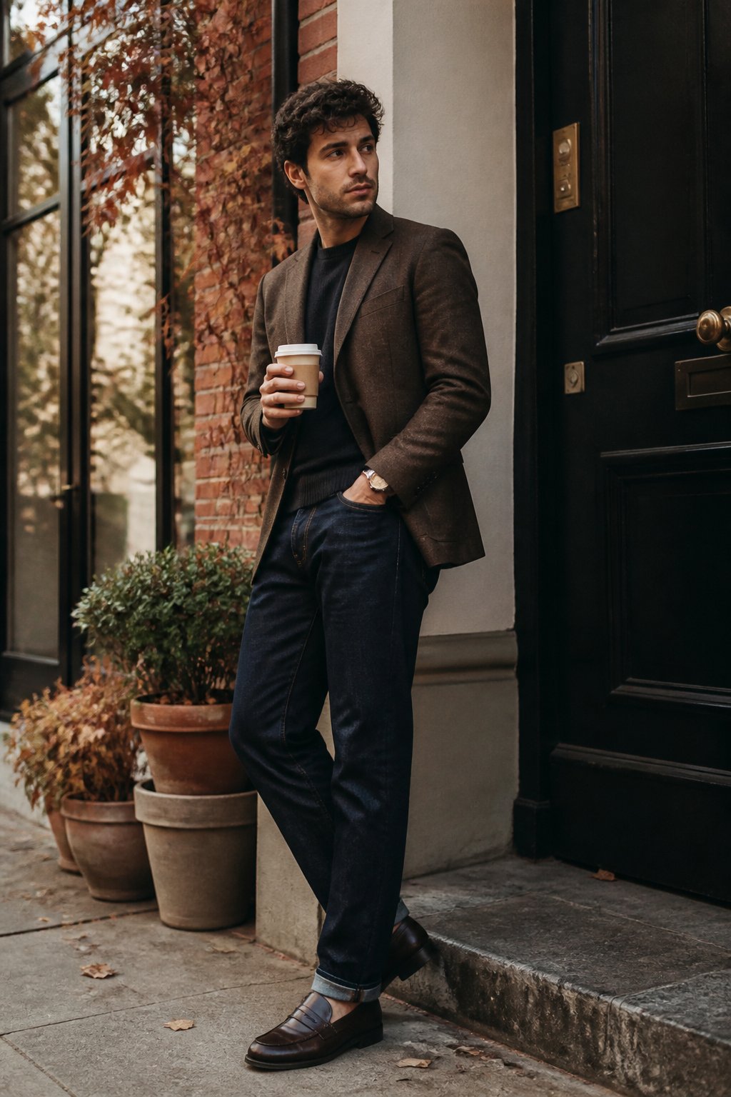 A person wearing a chocolate-brown blazer, dark jeans, and leather loafers in an autumn setting.