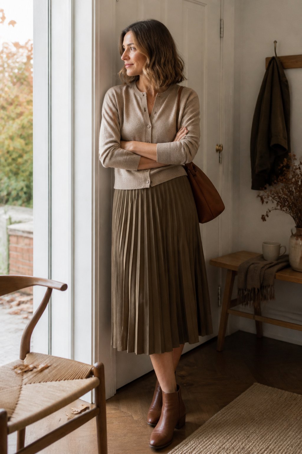 A woman wearing a pleated midi skirt and fine-gauge cardigan in a softly lit autumn interior.