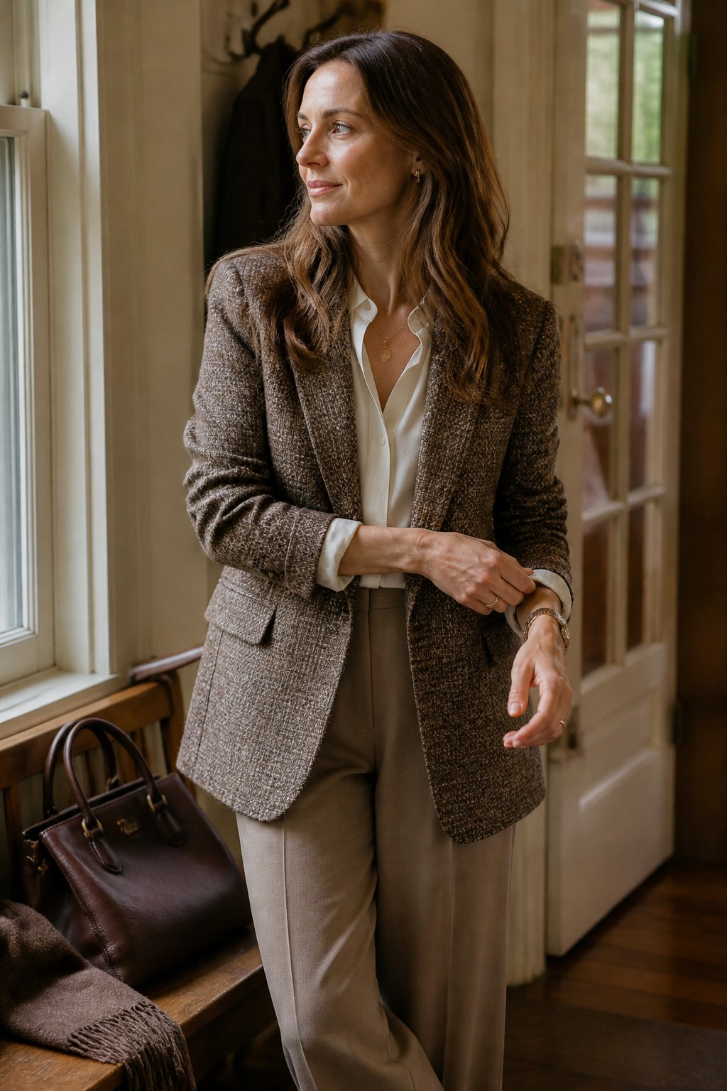 A woman wearing an ivory blouse, tweed jacket, and tailored trousers stands indoors near a window.