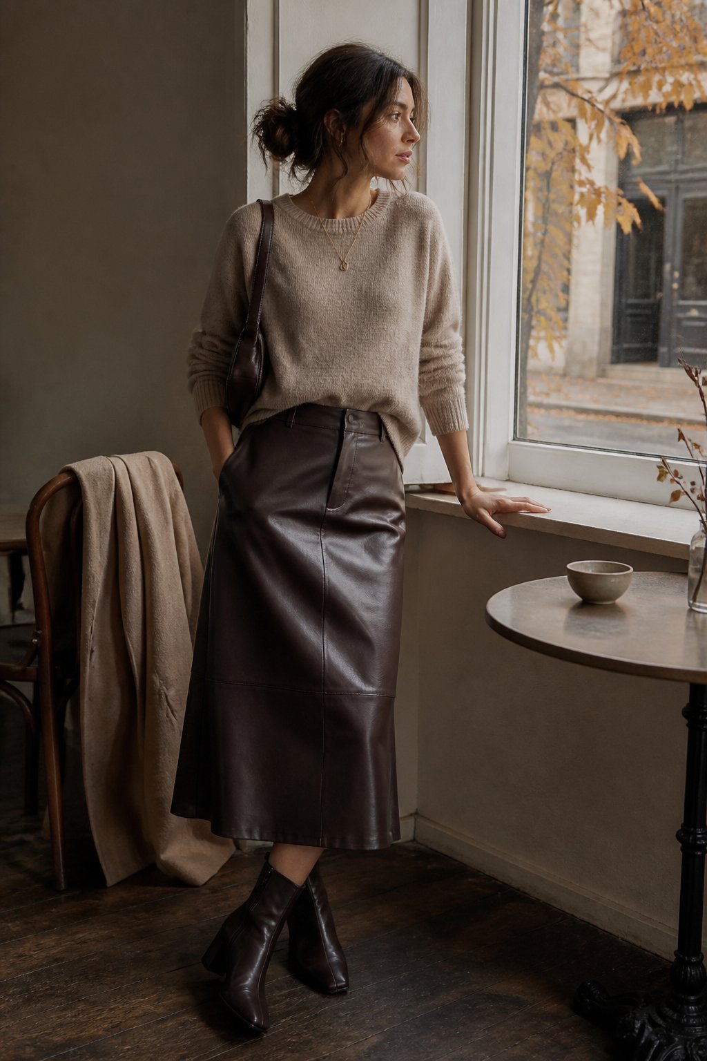 A woman wearing a leather midi skirt and soft cashmere sweater in a warmly lit autumn interior.