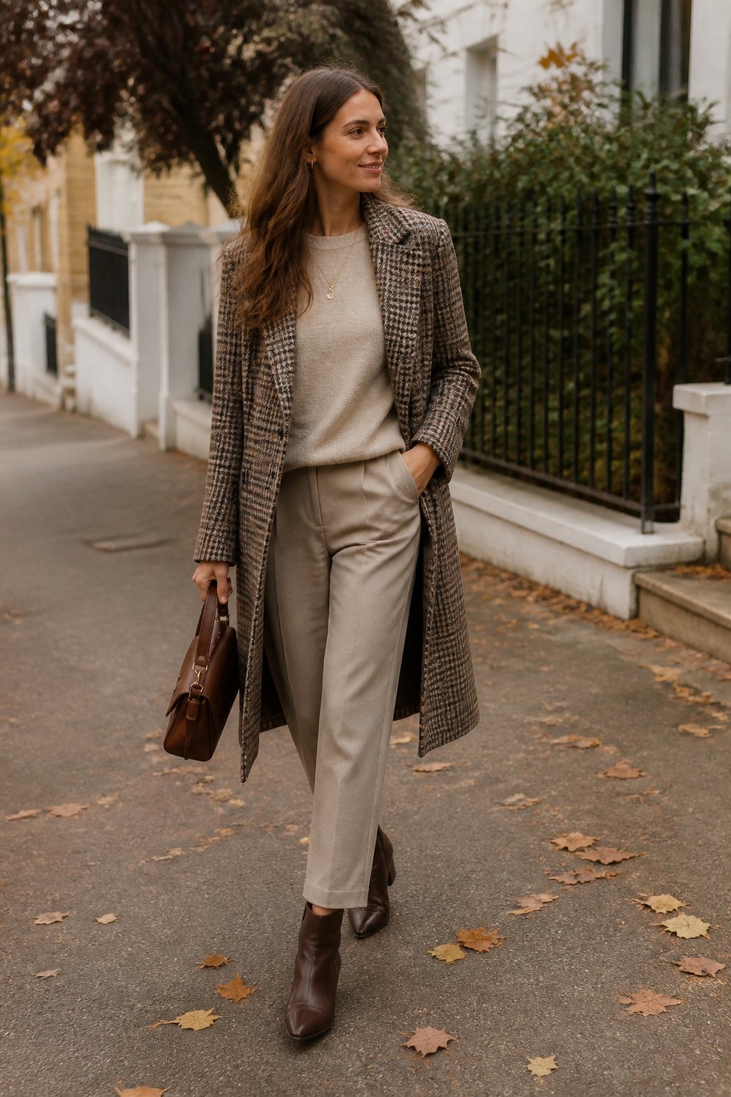 A person wearing a checked wool coat over a neutral outfit walks outdoors on an autumn day.