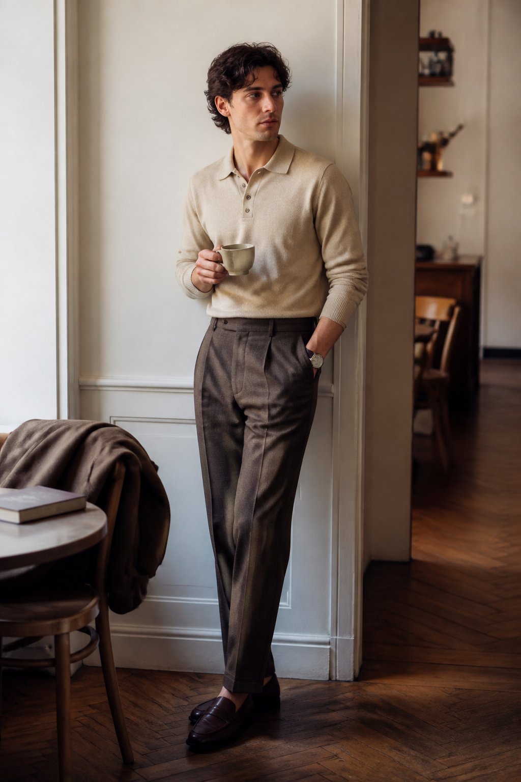 A person wearing a fine-knit polo sweater and pleated trousers in a softly lit autumn setting.