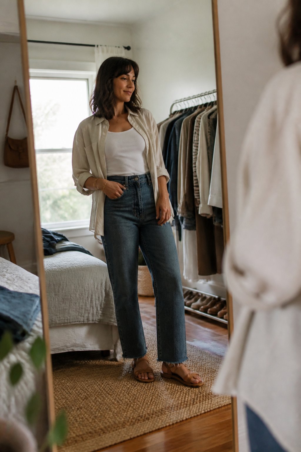 A person in a modern casual outfit stands near a mirror in a bright bedroom while looking at clothing.