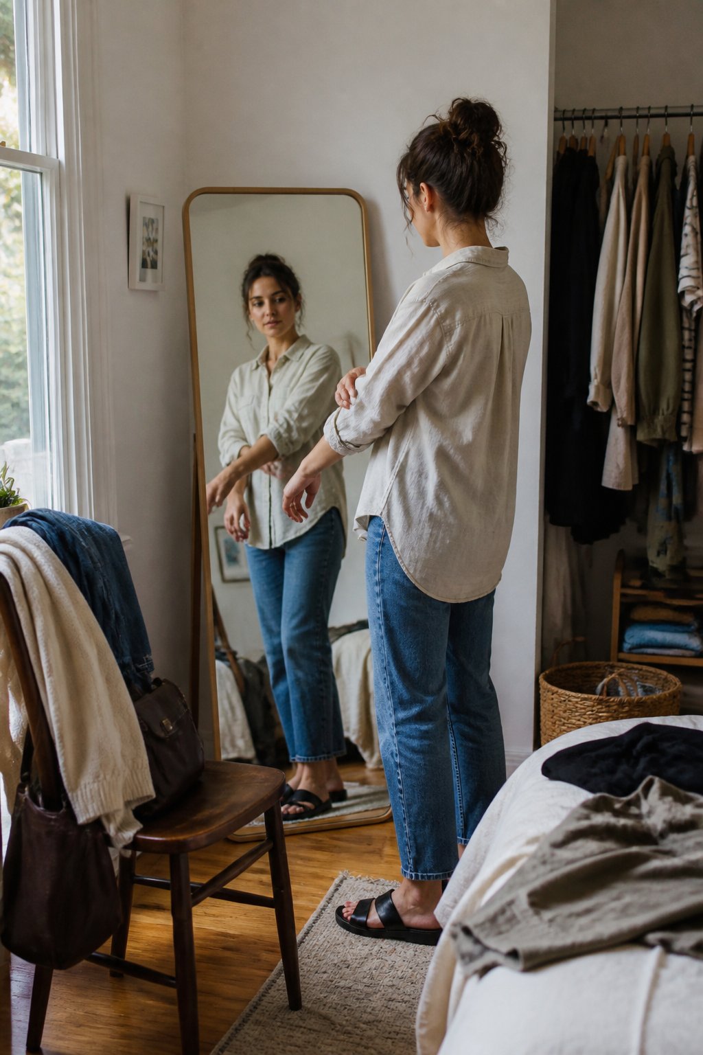 A person casually choosing between everyday clothes in front of a mirror.