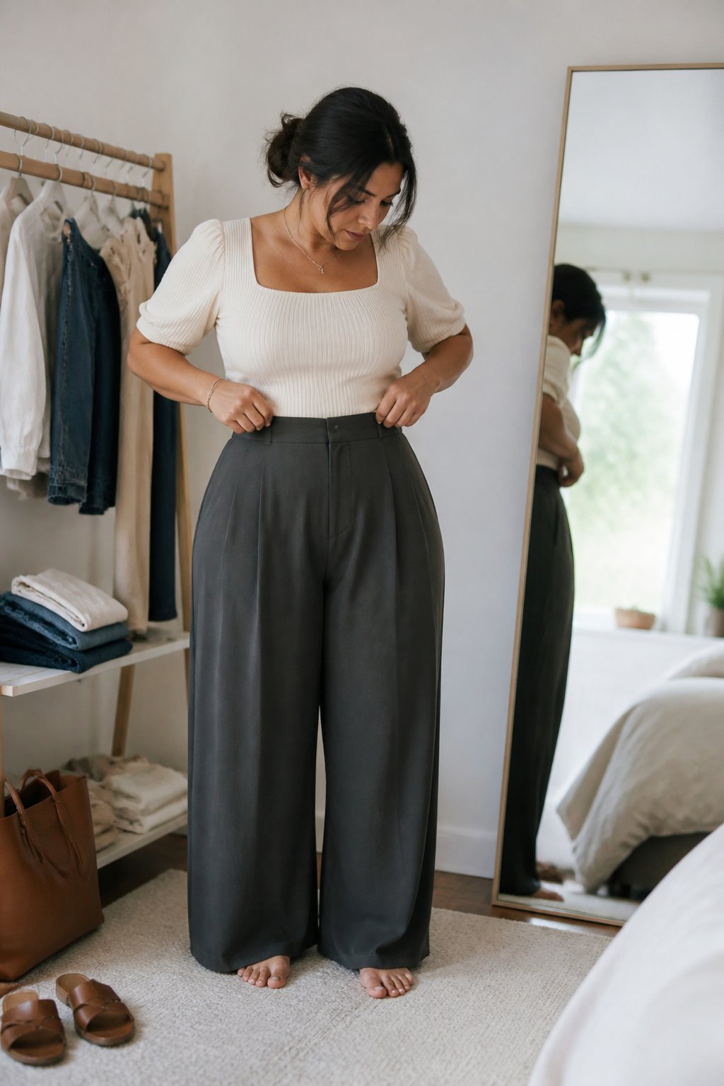 A woman in a balanced outfit checks her reflection beside a clothing rack in a bright room.