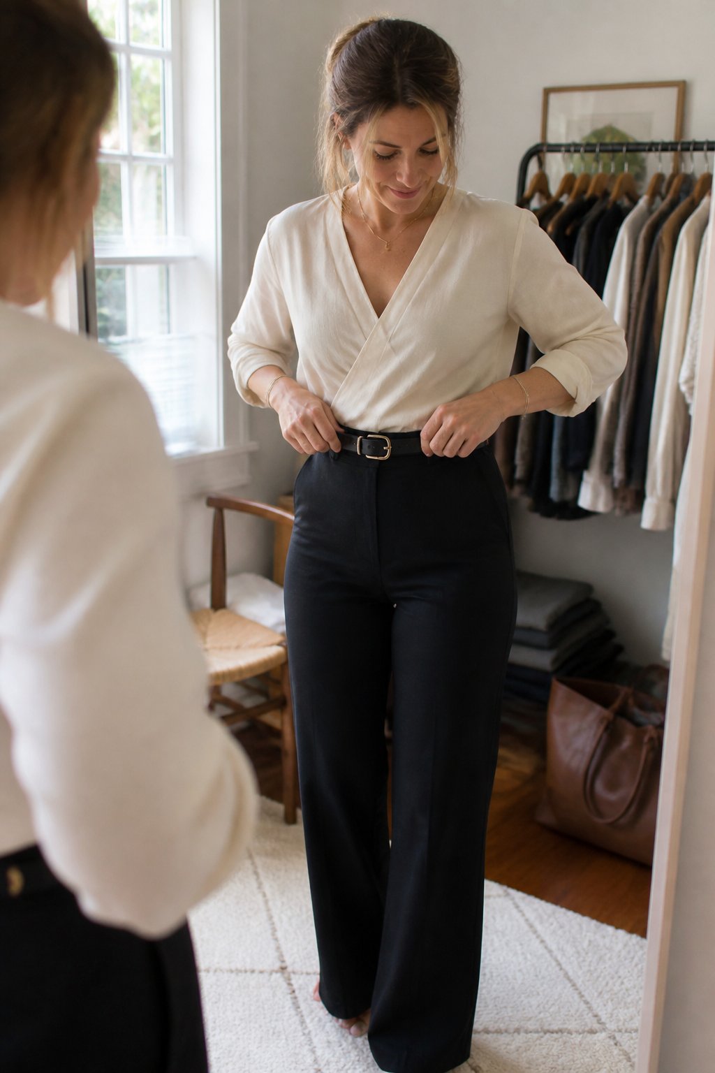 A woman wearing a waist-defining outfit adjusts her belt in a softly lit room.