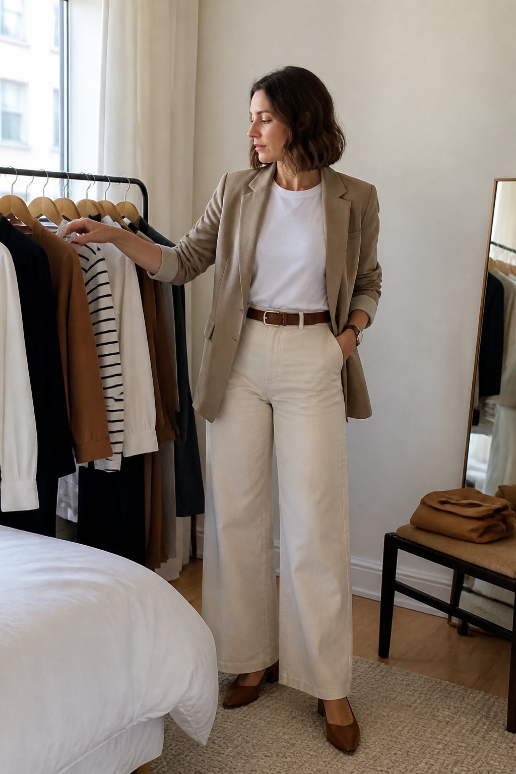 A person in a defined-waist outfit stands beside a clothing rack in a bright bedroom.