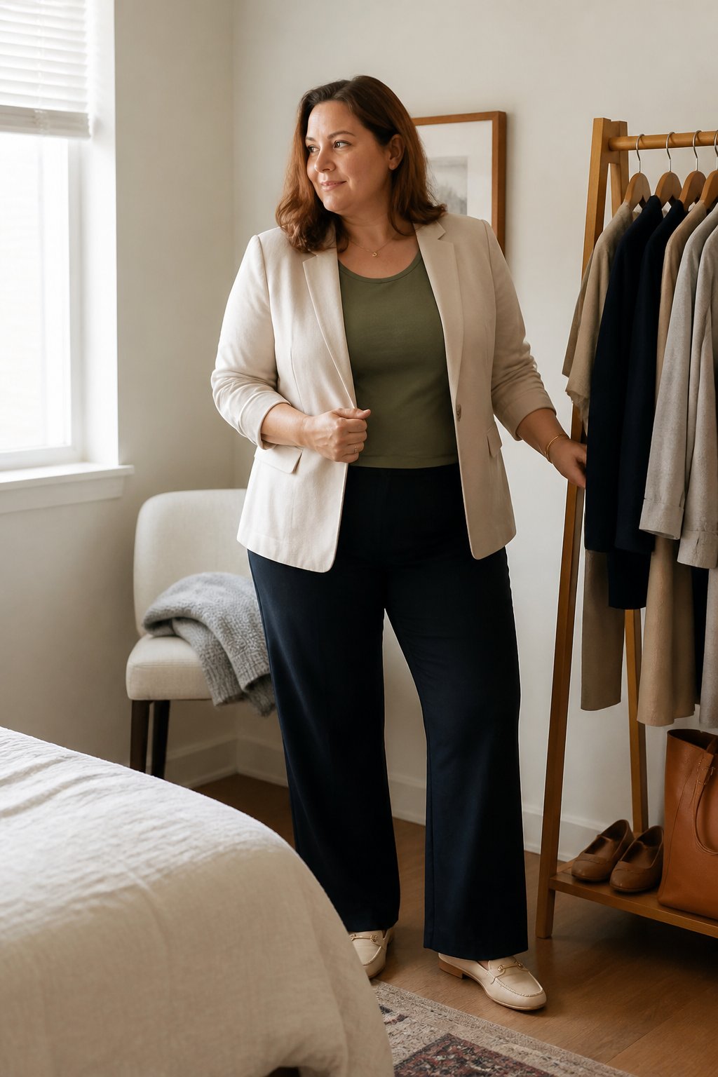 A woman in a layered blazer outfit stands beside a clothing rack in a bright bedroom.