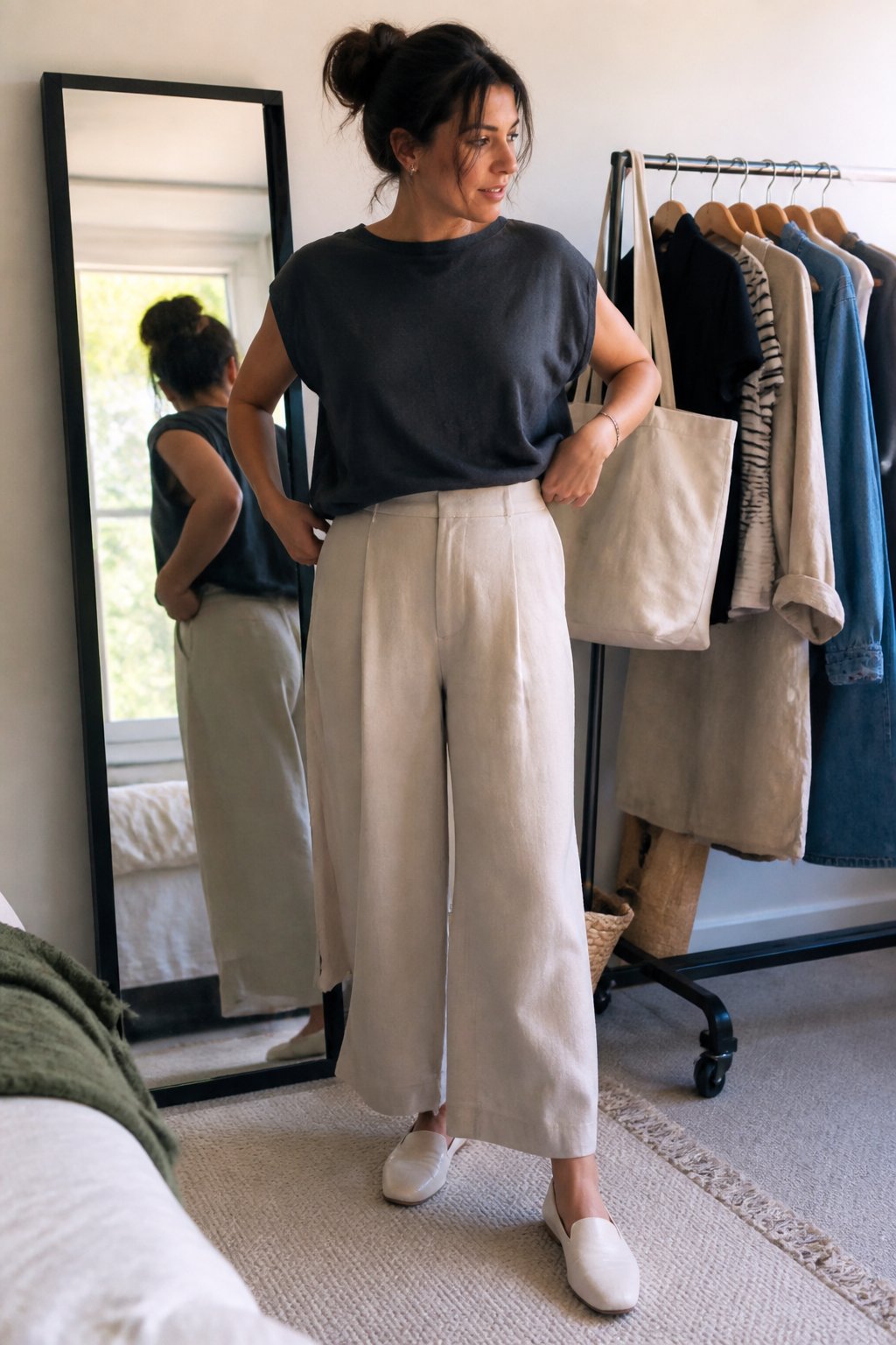 A woman with broader shoulders tries on a balanced outfit in a bright bedroom beside a clothing rack and mirror.
