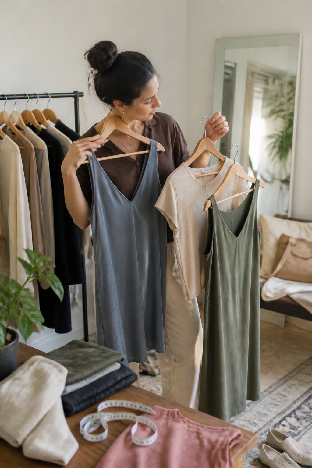 A woman compares several tops with different necklines beside a clothing rack in a softly lit bedroom.