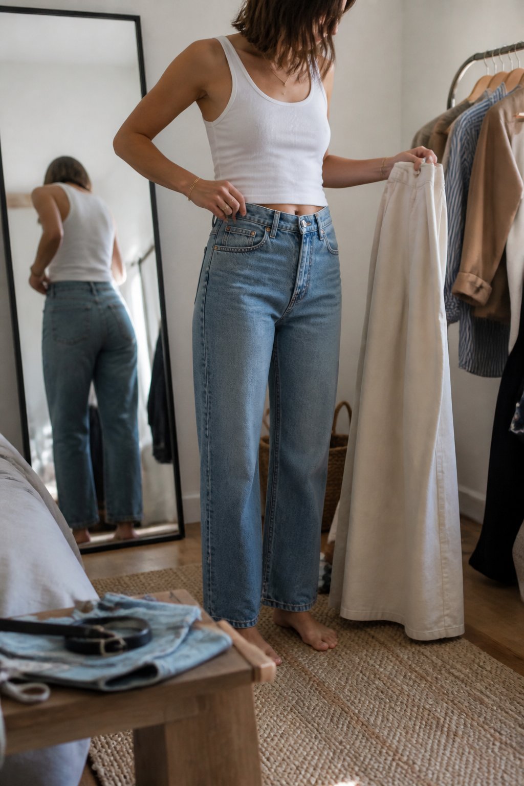 A person compares two pairs of trousers beside a full-length mirror in a softly lit dressing area.
