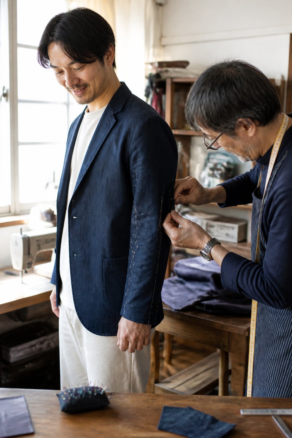 A person has a garment adjusted by a tailor in a bright sewing workspace.