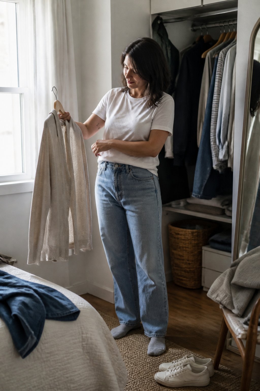 A person assembles a comfortable layered outfit beside an open wardrobe in a softly lit bedroom.