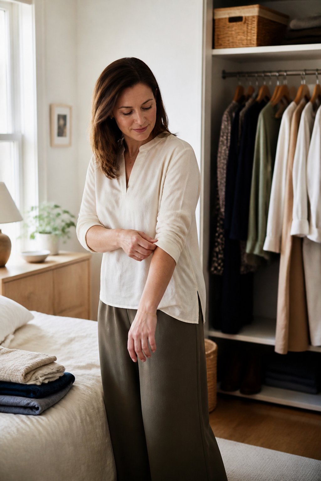 A woman wearing a softly draped blouse and relaxed trousers stands near a wardrobe in natural window light.