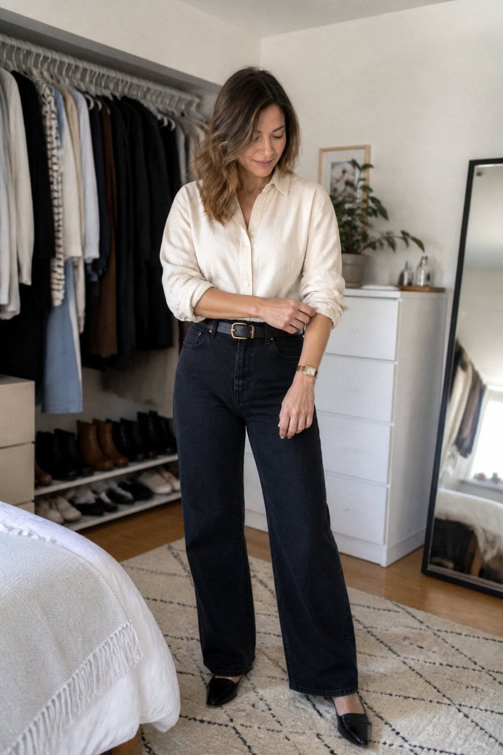 A person in a balanced-color outfit stands near a clothing rack in a bright bedroom.
