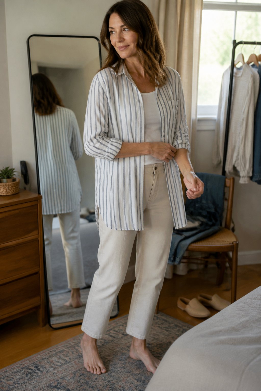 A person adjusts a vertically striped outer layer while standing in a bright dressing area.