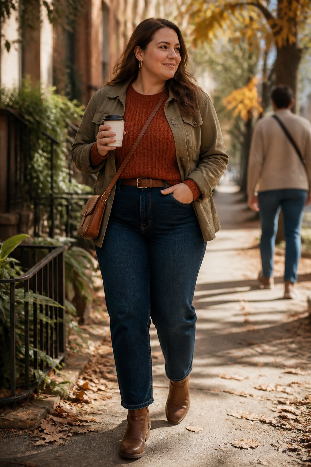 A midsize woman wearing a layered autumn outfit stands on a leafy neighborhood street.