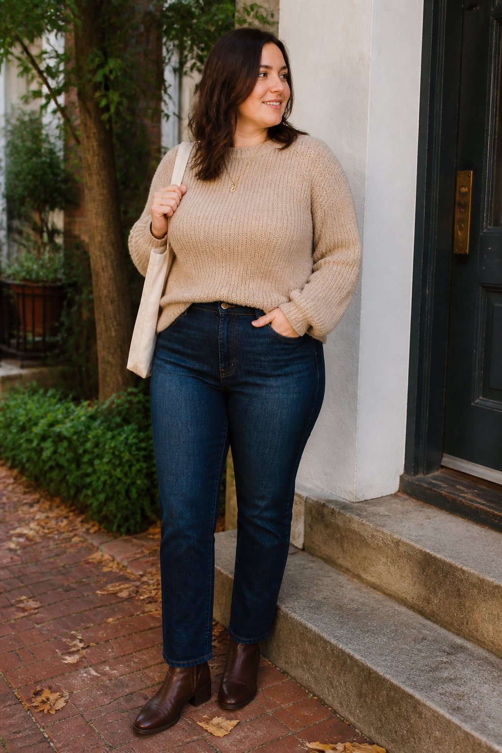 A midsize woman wears a knit sweater, straight-leg jeans, and ankle boots in an autumn setting.