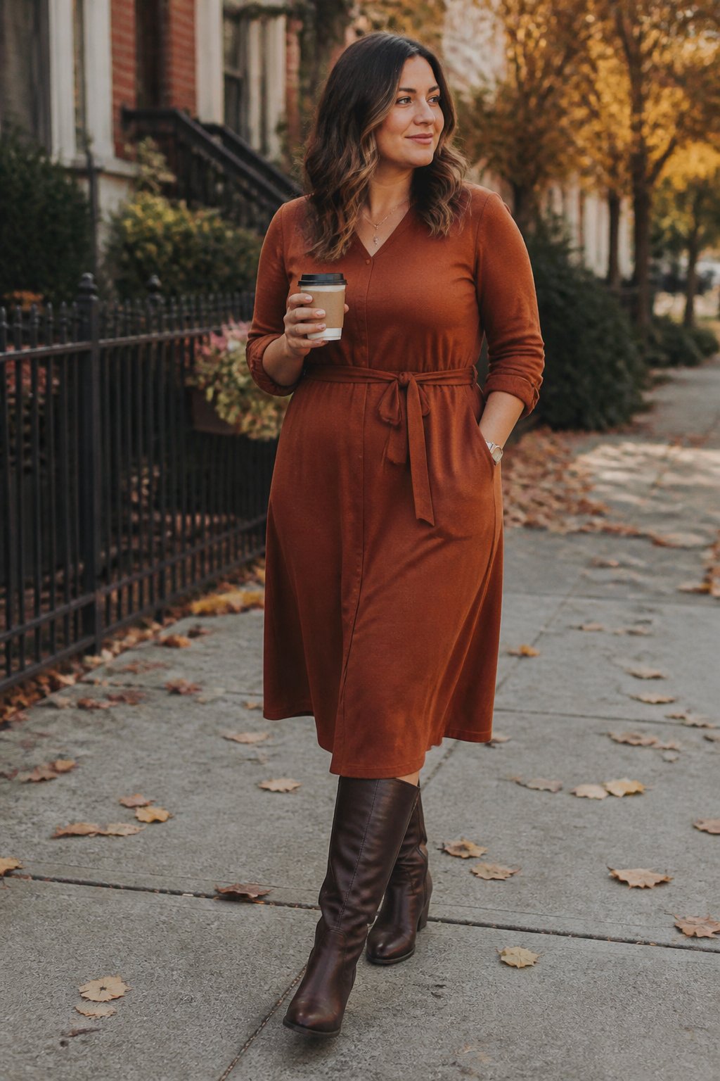 A midsize woman wearing a belted midi dress and knee-high boots walks along an autumn sidewalk.