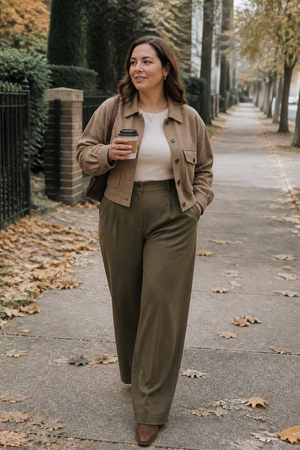 A midsize woman wearing a cropped jacket and high-waisted wide-leg trousers outdoors on an autumn day.