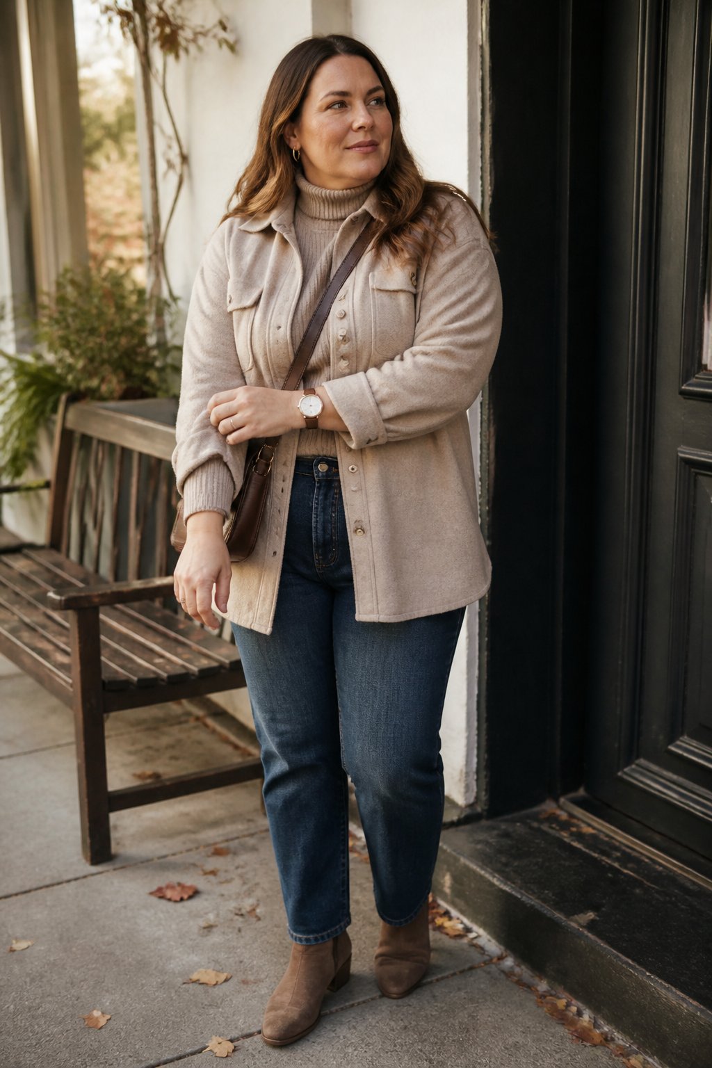 A midsize woman wearing a shacket over a fitted turtleneck and jeans in an autumn setting.