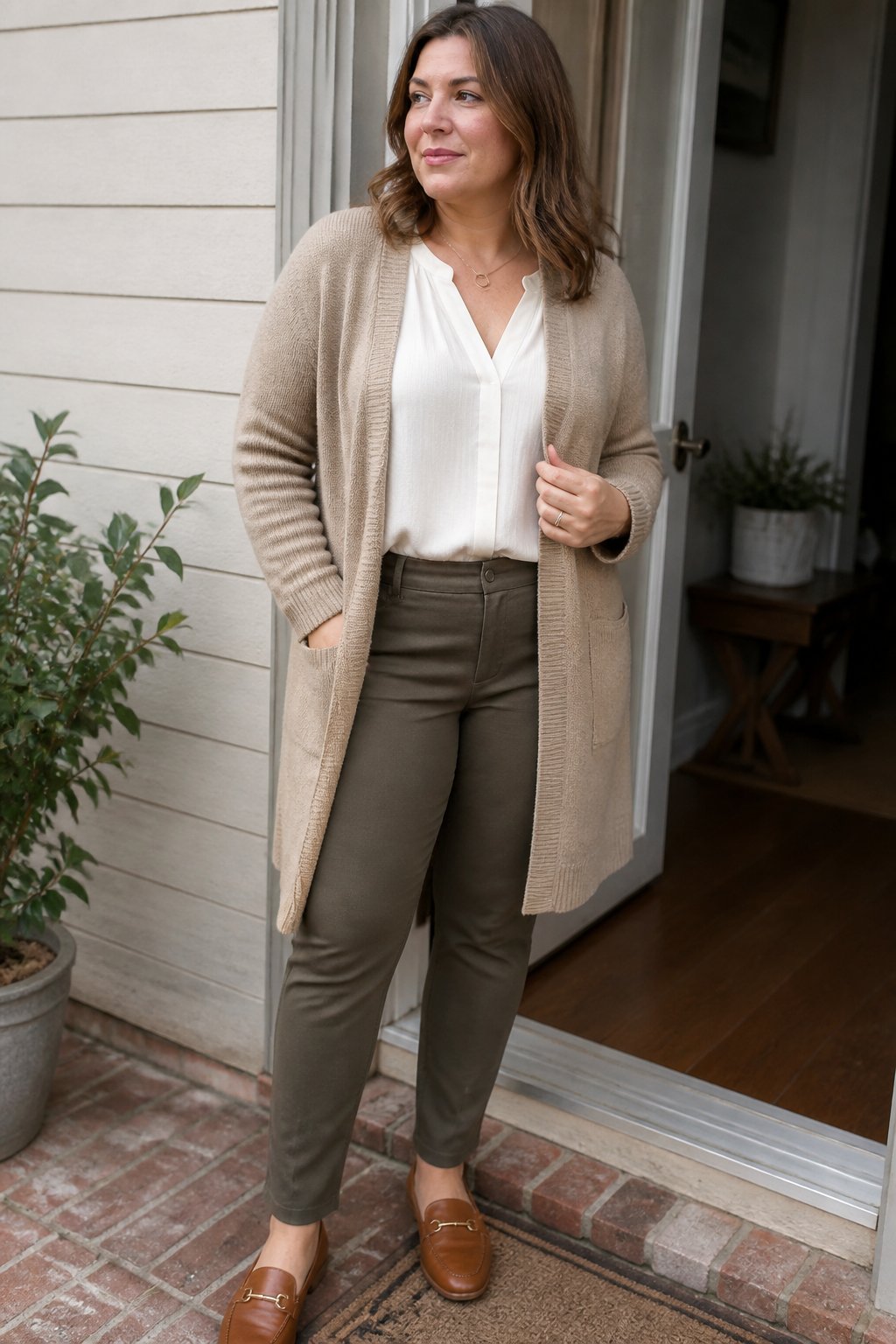 A midsize woman wearing a long cardigan over a tucked-in blouse and slim trousers in an autumn setting.
