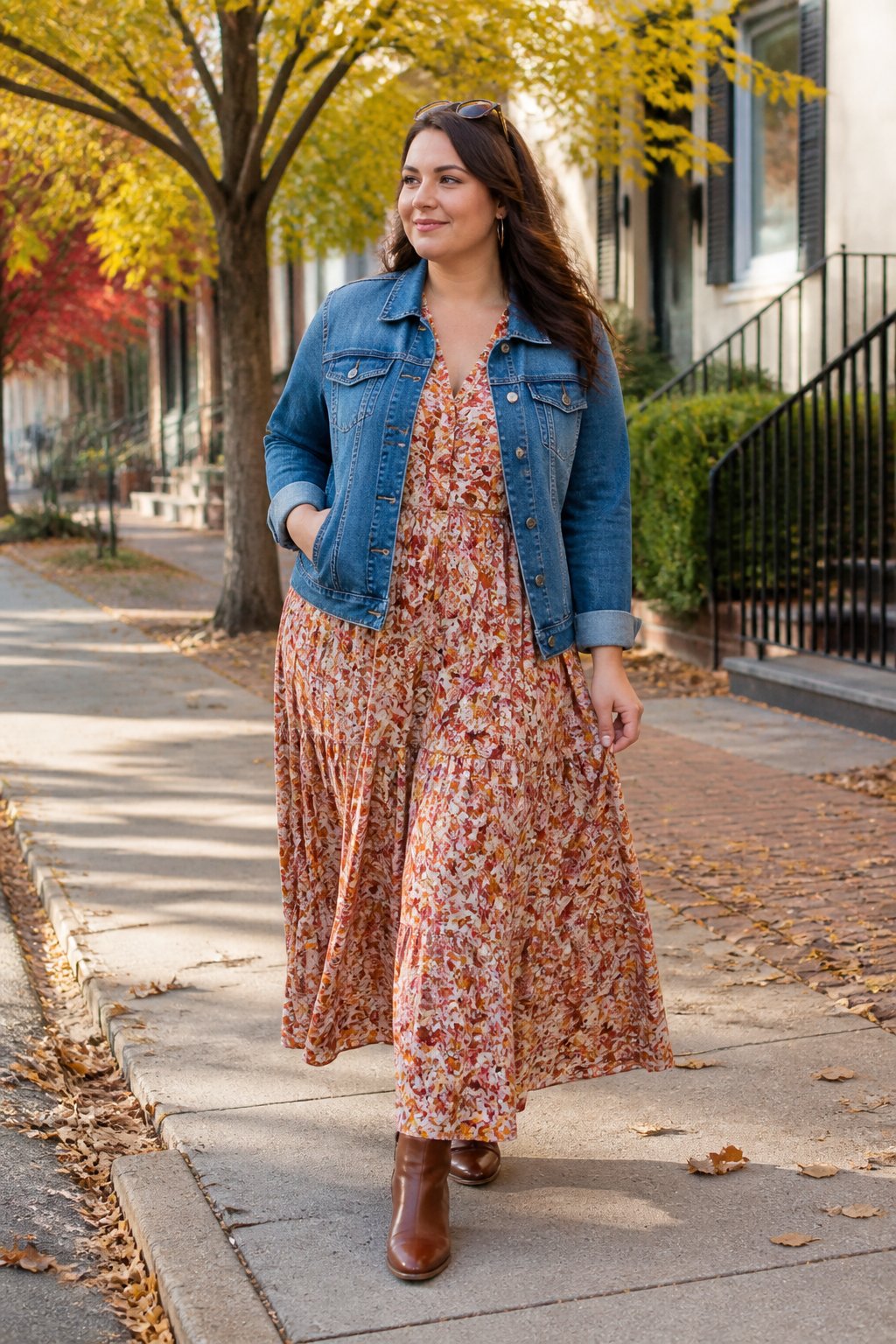 A midsize woman wears a denim jacket over a floral maxi dress with ankle booties outdoors in autumn.