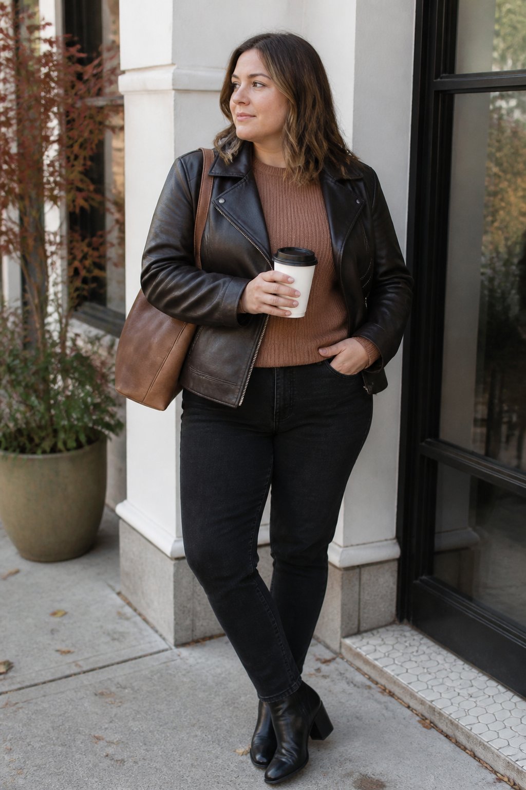 A midsize woman wearing a leather jacket, fine-knit top, and dark jeans stands outdoors in autumn.