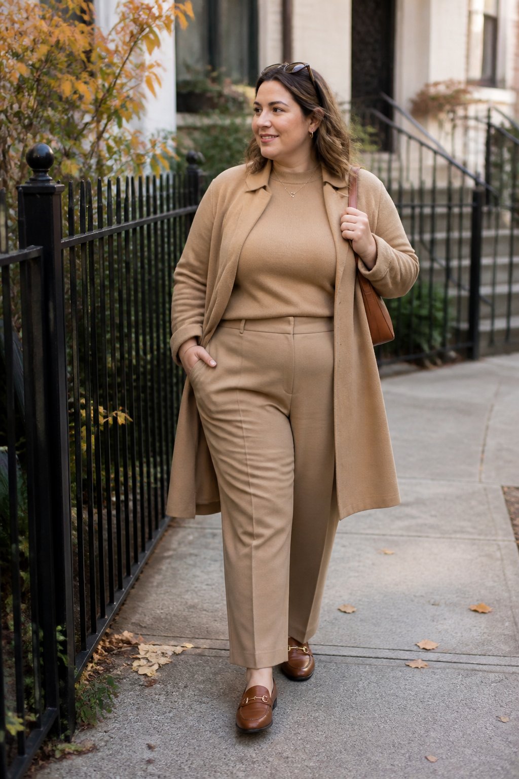 A midsize woman in a coordinated camel outfit and loafers stands outdoors in soft autumn daylight.