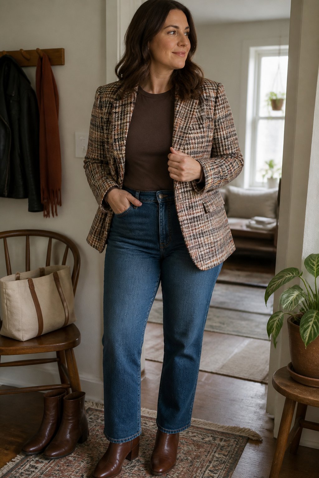 A woman wears a plaid blazer, fitted tee, and straight-leg jeans in a casual indoor setting.