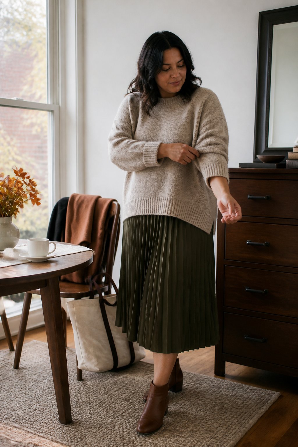 A midsize woman wears an oversized sweater with a pleated midi skirt in a cozy autumn setting.