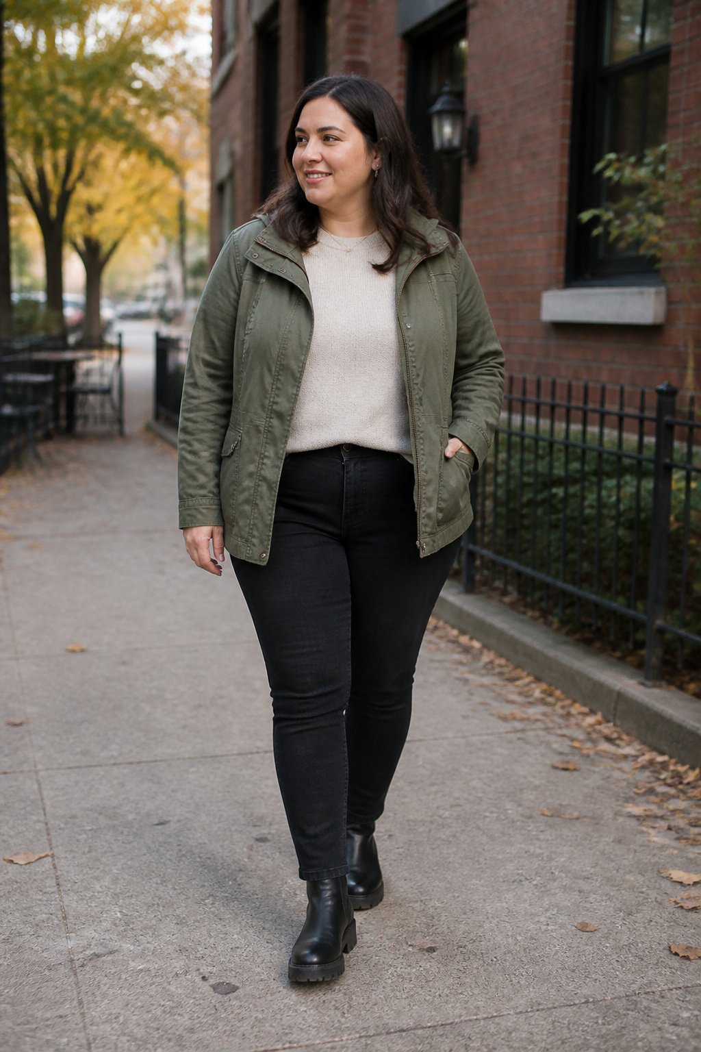 A woman wears an olive utility jacket, black jeans, and black lug-sole ankle boots on an autumn street.