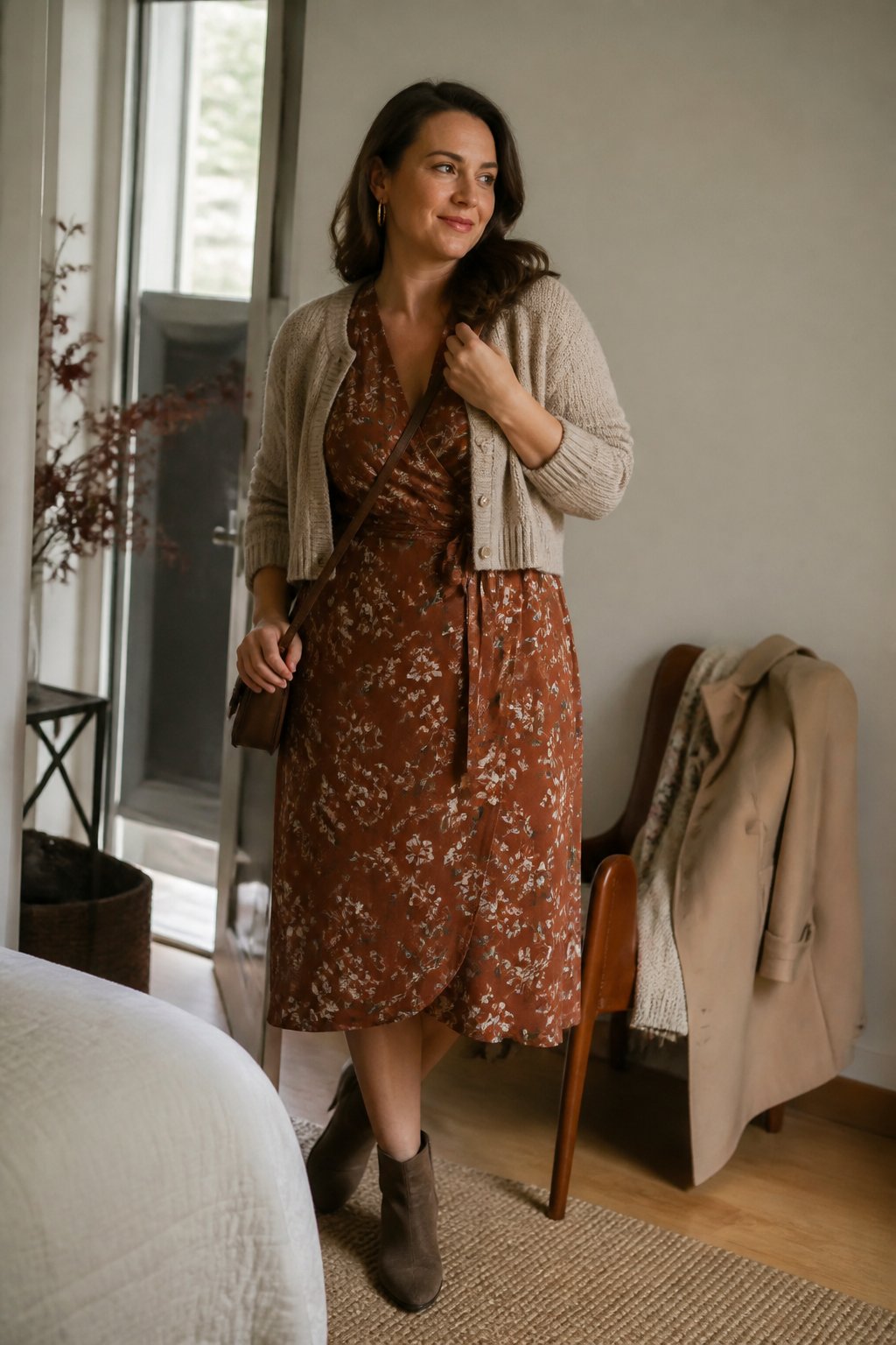 A midsize woman wears a wrap dress and cropped cardigan in a casually lit autumn setting.