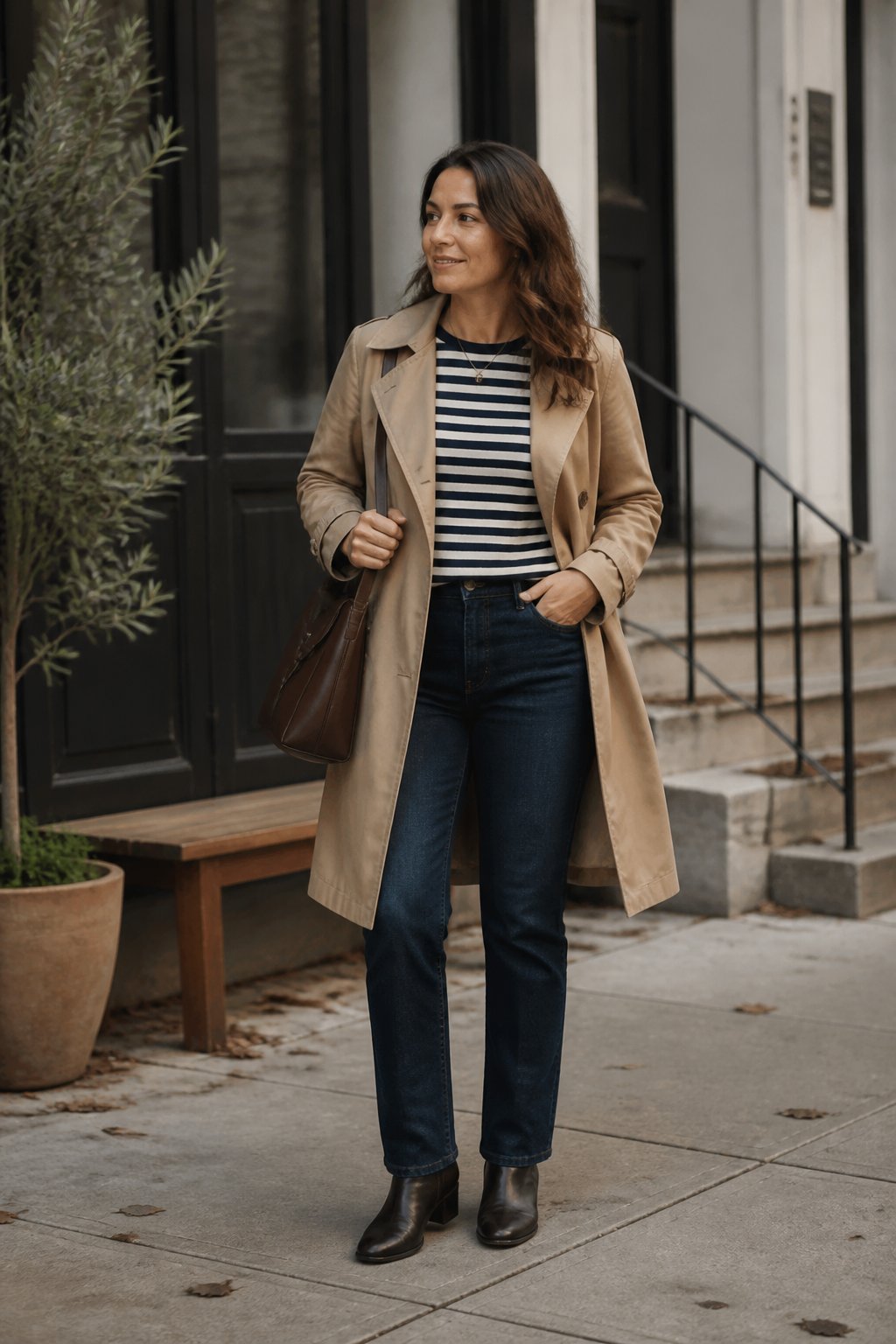 A midsize woman wears a striped top, camel trench coat, dark jeans, and ankle boots on an autumn city sidewalk.